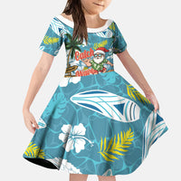Hawaii Summer Christmas Family Matching Off The Shoulder Long Sleeve Dress and Hawaiian Shirt Surfing Santa Shaka Catch The Wave LT14 Daughter's Dress Teal - Polynesian Pride