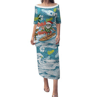 Hawaii Summer Christmas Family Matching Puletasi and Hawaiian Shirt Surfing Santa Shaka Catch The Wave LT14 Mom's Dress Teal - Polynesian Pride