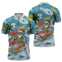 Hawaii Summer Christmas Zipper Polo Shirt Surfing Santa Shaka Catch The Wave