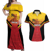 Papua New Guinea Rugby Custom Couples Matching Off Shoulder Maxi Dress and Hawaiian Shirt Go PNG Hunters Polynesian Pattern LT14 Red - Polynesian Pride