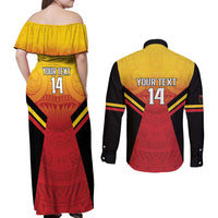 Papua New Guinea Rugby Custom Couples Matching Off Shoulder Maxi Dress and Long Sleeve Button Shirt Go PNG Hunters Polynesian Pattern LT14 - Polynesian Pride