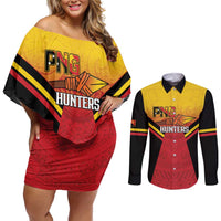 Papua New Guinea Rugby Custom Couples Matching Off Shoulder Short Dress and Long Sleeve Button Shirt Go PNG Hunters Polynesian Pattern LT14 Red - Polynesian Pride