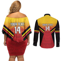 Papua New Guinea Rugby Custom Couples Matching Off Shoulder Short Dress and Long Sleeve Button Shirt Go PNG Hunters Polynesian Pattern LT14 - Polynesian Pride