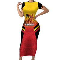 Papua New Guinea Rugby Custom Family Matching Short Sleeve Bodycon Dress and Hawaiian Shirt Go PNG Hunters Polynesian Pattern LT14 Mom's Dress Red - Polynesian Pride
