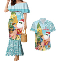 Aloha Hawaii Mele Kalikimaka Couples Matching Mermaid Dress and Hawaiian Shirt Chilling Santa With Pineapple - Polynesian Pattern LT14 Cyan - Polynesian Pride