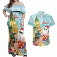 Aloha Hawaii Mele Kalikimaka Couples Matching Off Shoulder Maxi Dress and Hawaiian Shirt Chilling Santa With Pineapple - Polynesian Pattern LT14 Cyan - Polynesian Pride