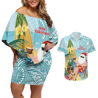 Aloha Hawaii Mele Kalikimaka Couples Matching Off Shoulder Short Dress and Hawaiian Shirt Chilling Santa With Pineapple - Polynesian Pattern LT14 Cyan - Polynesian Pride