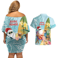Aloha Hawaii Mele Kalikimaka Couples Matching Off Shoulder Short Dress and Hawaiian Shirt Chilling Santa With Pineapple - Polynesian Pattern LT14 - Polynesian Pride