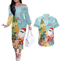 Aloha Hawaii Mele Kalikimaka Couples Matching Off The Shoulder Long Sleeve Dress and Hawaiian Shirt Chilling Santa With Pineapple - Polynesian Pattern LT14 Cyan - Polynesian Pride