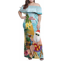 Aloha Hawaii Mele Kalikimaka Family Matching Off Shoulder Maxi Dress and Hawaiian Shirt Chilling Santa With Pineapple - Polynesian Pattern LT14 Mom's Dress Cyan - Polynesian Pride