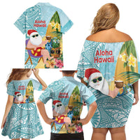 Aloha Hawaii Mele Kalikimaka Family Matching Off Shoulder Short Dress and Hawaiian Shirt Chilling Santa With Pineapple - Polynesian Pattern