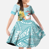 Aloha Hawaii Mele Kalikimaka Family Matching Puletasi and Hawaiian Shirt Chilling Santa With Pineapple - Polynesian Pattern LT14 Daughter's Dress Cyan - Polynesian Pride