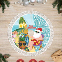 Aloha Hawaii Mele Kalikimaka Tree Skirt Chilling Santa With Pineapple - Polynesian Pattern LT14 Fringed Cyan - Polynesian Pride