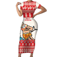 Mele Kalikimaka Hawaii Short Sleeve Bodycon Dress Water-skiing Santa Tropical Vibes LT14 Long Dress Red - Polynesian Pride