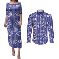 Blue Palaka Japanese Patterns Couples Matching Puletasi and Long Sleeve Button Shirt Koi Fish Asanoha Sakura Patchwork Stylized - Polynesian Pride