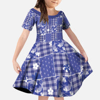 Blue Palaka Japanese Patterns Family Matching Off The Shoulder Long Sleeve Dress and Hawaiian Shirt Koi Fish Asanoha Sakura Patchwork Stylized LT14 Daughter's Dress Blue - Polynesian Pride