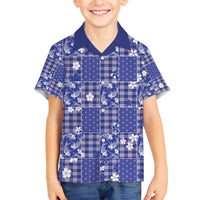 Blue Palaka Japanese Patterns Family Matching Off The Shoulder Long Sleeve Dress and Hawaiian Shirt Koi Fish Asanoha Sakura Patchwork Stylized LT14 Son's Shirt Blue - Polynesian Pride