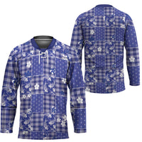 Blue Palaka Japanese Patterns Hockey Jersey Koi Fish Asanoha Sakura Patchwork Stylized - Polynesian Pride