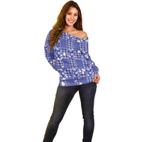 Blue Palaka Japanese Patterns Off Shoulder Sweater Koi Fish Asanoha Sakura Patchwork Stylized - Polynesian Pride