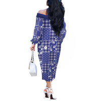 Blue Palaka Japanese Patterns Off The Shoulder Long Sleeve Dress Koi Fish Asanoha Sakura Patchwork Stylized - Polynesian Pride