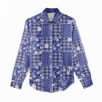 Blue Palaka Japanese Patterns Women Casual Shirt Koi Fish Asanoha Sakura Patchwork Stylized - Polynesian Pride