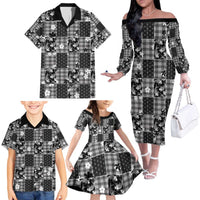 Black Palaka Japanese Patterns Family Matching Off The Shoulder Long Sleeve Dress and Hawaiian Shirt Koi Fish Asanoha Sakura Patchwork Stylized LT14 - Polynesian Pride