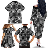 Black Palaka Japanese Patterns Family Matching Off The Shoulder Long Sleeve Dress and Hawaiian Shirt Koi Fish Asanoha Sakura Patchwork Stylized LT14 - Polynesian Pride