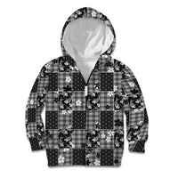 Black Palaka Japanese Patterns Kid Hoodie Koi Fish Asanoha Sakura Patchwork Stylized - Polynesian Pride