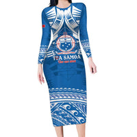 Toa Samoa Rugby Custom Family Matching Long Sleeve Bodycon Dress and Hawaiian Shirt Uso aso uma Samoan Pattern Blue LT14 Mom's Dress Blue - Polynesian Pride