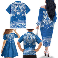 Toa Samoa Rugby Custom Family Matching Off The Shoulder Long Sleeve Dress and Hawaiian Shirt Uso aso uma Samoan Pattern Blue LT14 - Polynesian Pride