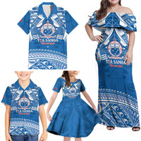 Toa Samoa Rugby Custom Family Matching Off Shoulder Maxi Dress and Hawaiian Shirt Uso aso uma Samoan Pattern Blue LT14 - Polynesian Pride