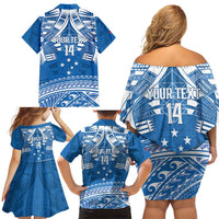 Toa Samoa Rugby Custom Family Matching Off Shoulder Short Dress and Hawaiian Shirt Uso aso uma Samoan Pattern Blue LT14 - Polynesian Pride