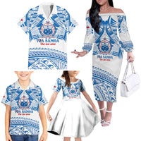 Toa Samoa Rugby Custom Family Matching Off The Shoulder Long Sleeve Dress and Hawaiian Shirt Uso aso uma Samoan Pattern White LT14 - Polynesian Pride