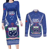 Personalised Samoa 685 Couples Matching Long Sleeve Bodycon Dress and Long Sleeve Button Shirt Samoan Pride Coat Of Arms LT14 Blue - Polynesian Pride