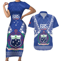 Personalised Samoa 685 Couples Matching Short Sleeve Bodycon Dress and Hawaiian Shirt Samoan Pride Coat Of Arms LT14 Blue - Polynesian Pride