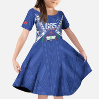 Personalised Samoa 685 Family Matching Puletasi and Hawaiian Shirt Samoan Pride Coat Of Arms LT14 Daughter's Dress Blue - Polynesian Pride