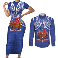 Toa Samoa Rugby Couples Matching Short Sleeve Bodycon Dress and Long Sleeve Button Shirt 685 Pride Tanoa Ula Fala LT14 Blue - Polynesian Pride