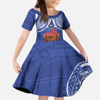Toa Samoa Rugby Family Matching Off The Shoulder Long Sleeve Dress and Hawaiian Shirt 685 Pride Tanoa Ula Fala LT14 Daughter's Dress Blue - Polynesian Pride