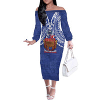 Toa Samoa Rugby Family Matching Off The Shoulder Long Sleeve Dress and Hawaiian Shirt 685 Pride Tanoa Ula Fala LT14 Mom's Dress Blue - Polynesian Pride