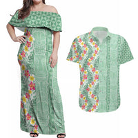 Menthol Green Aloha Hawaii Tiki Couples Matching Off Shoulder Maxi Dress and Hawaiian Shirt Tropical Plumeria - Seamless Style LT14 Green - Polynesian Pride