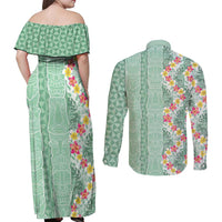 Menthol Green Aloha Hawaii Tiki Couples Matching Off Shoulder Maxi Dress and Long Sleeve Button Shirt Tropical Plumeria - Seamless Style