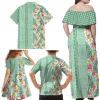 Menthol Green Aloha Hawaii Tiki Family Matching Off Shoulder Maxi Dress and Hawaiian Shirt Tropical Plumeria - Seamless Style LT14 - Polynesian Pride