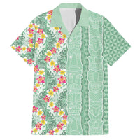 Menthol Green Aloha Hawaii Tiki Family Matching Off Shoulder Maxi Dress and Hawaiian Shirt Tropical Plumeria - Seamless Style LT14 Dad's Shirt - Short Sleeve Green - Polynesian Pride