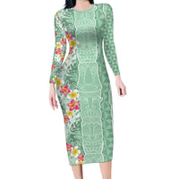 Menthol Green Aloha Hawaii Tiki Long Sleeve Bodycon Dress Tropical Plumeria - Seamless Style LT14 Long Dress Green - Polynesian Pride