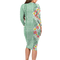 Menthol Green Aloha Hawaii Tiki Long Sleeve Bodycon Dress Tropical Plumeria - Seamless Style LT14 - Polynesian Pride