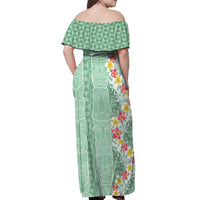 Menthol Green Aloha Hawaii Tiki Off Shoulder Maxi Dress Tropical Plumeria - Seamless Style LT14 - Polynesian Pride