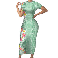 Menthol Green Aloha Hawaii Tiki Short Sleeve Bodycon Dress Tropical Plumeria - Seamless Style LT14 Long Dress Green - Polynesian Pride