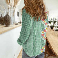 Menthol Green Aloha Hawaii Tiki Women Casual Shirt Tropical Plumeria - Seamless Style LT14 - Polynesian Pride