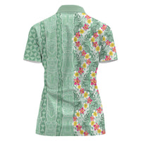 Menthol Green Aloha Hawaii Tiki Women Polo Shirt Tropical Plumeria - Seamless Style