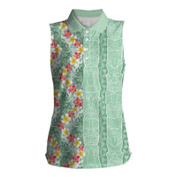 Menthol Green Aloha Hawaii Tiki Women Sleeveless Polo Shirt Tropical Plumeria - Seamless Style LT14 Female Green - Polynesian Pride